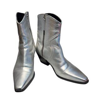 Zara Women's Metallic Silver Cowboy Leather Ankle Boots Western US 9 EU 40